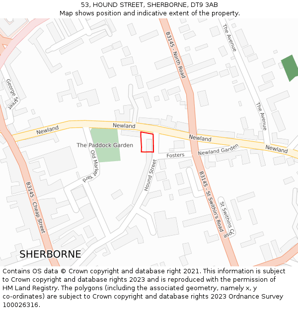 53, HOUND STREET, SHERBORNE, DT9 3AB: Location map and indicative extent of plot