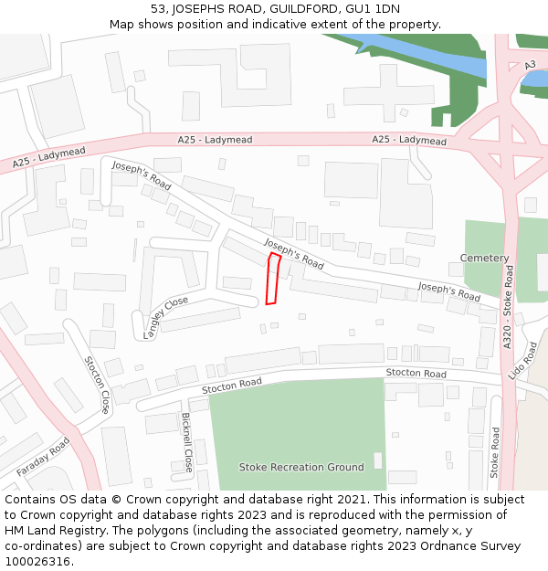 53, JOSEPHS ROAD, GUILDFORD, GU1 1DN: Location map and indicative extent of plot