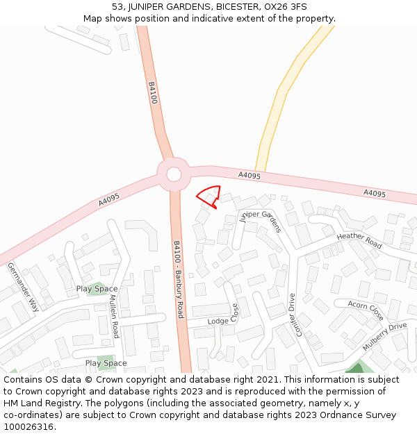 53, JUNIPER GARDENS, BICESTER, OX26 3FS: Location map and indicative extent of plot