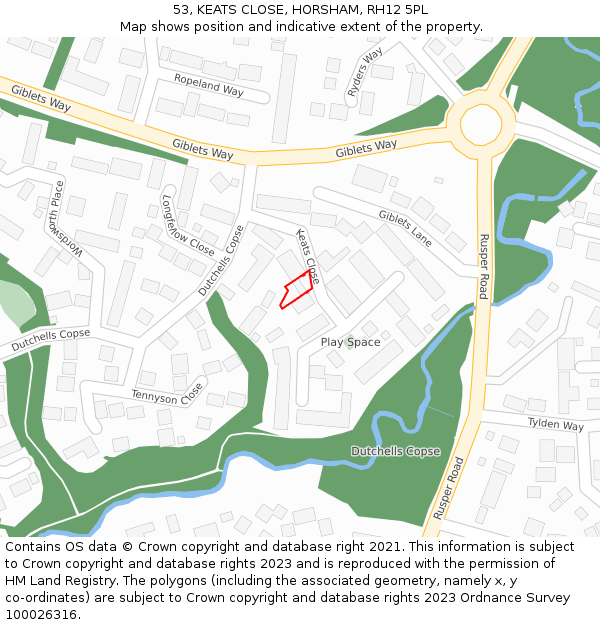 53, KEATS CLOSE, HORSHAM, RH12 5PL: Location map and indicative extent of plot