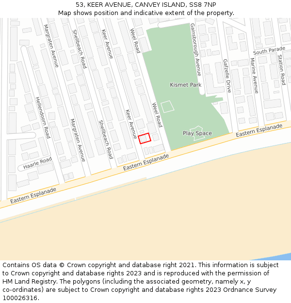 53, KEER AVENUE, CANVEY ISLAND, SS8 7NP: Location map and indicative extent of plot