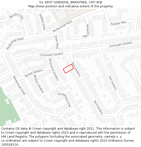 53, KENT GARDENS, BRAINTREE, CM7 9NE: Location map and indicative extent of plot