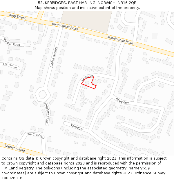 53, KERRIDGES, EAST HARLING, NORWICH, NR16 2QB: Location map and indicative extent of plot
