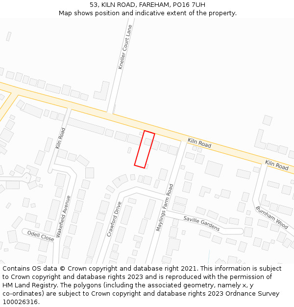 53, KILN ROAD, FAREHAM, PO16 7UH: Location map and indicative extent of plot