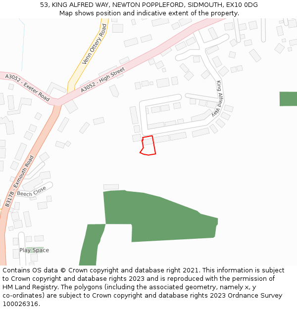 53, KING ALFRED WAY, NEWTON POPPLEFORD, SIDMOUTH, EX10 0DG: Location map and indicative extent of plot