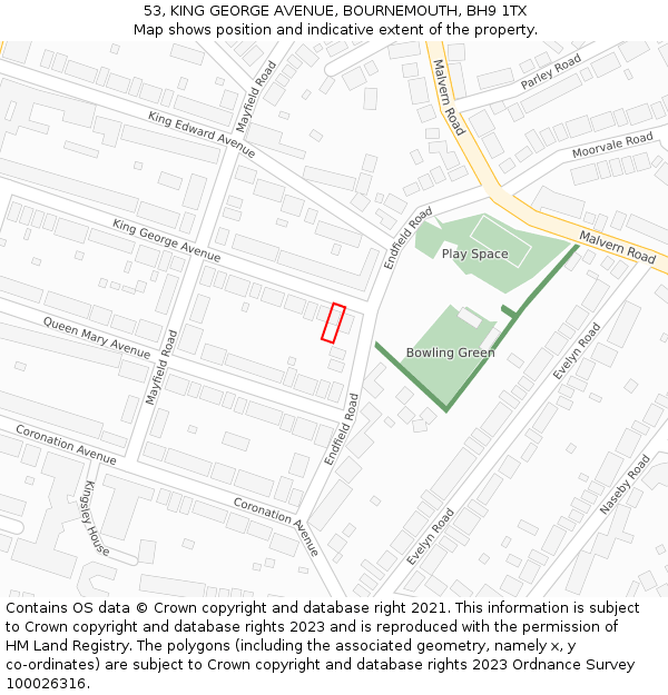 53, KING GEORGE AVENUE, BOURNEMOUTH, BH9 1TX: Location map and indicative extent of plot