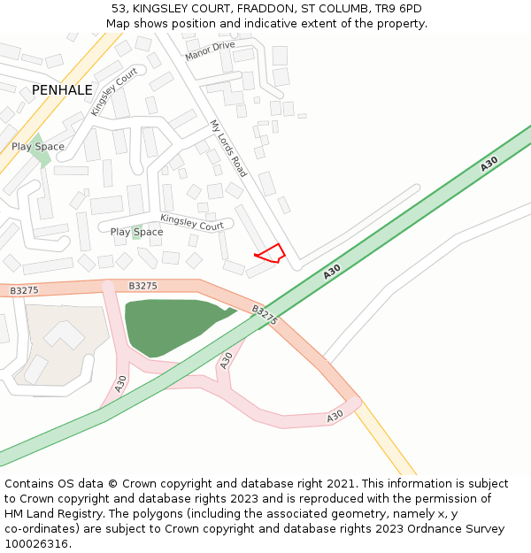 53, KINGSLEY COURT, FRADDON, ST COLUMB, TR9 6PD: Location map and indicative extent of plot