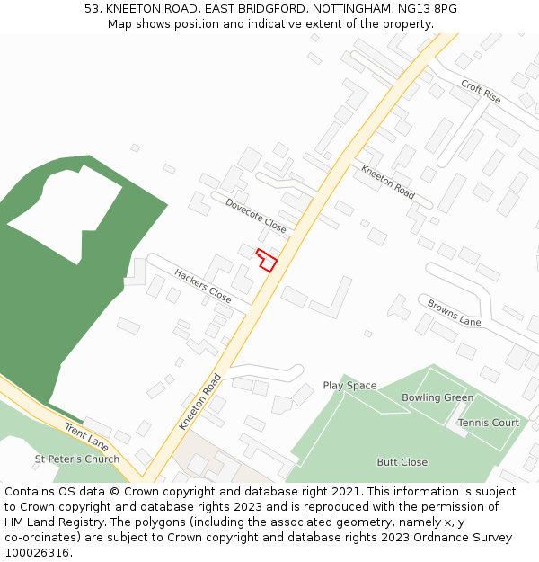 53, KNEETON ROAD, EAST BRIDGFORD, NOTTINGHAM, NG13 8PG: Location map and indicative extent of plot