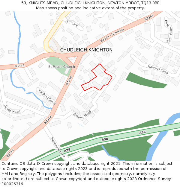 53, KNIGHTS MEAD, CHUDLEIGH KNIGHTON, NEWTON ABBOT, TQ13 0RF: Location map and indicative extent of plot