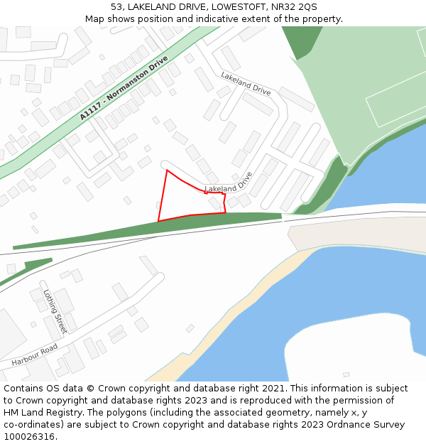 53, LAKELAND DRIVE, LOWESTOFT, NR32 2QS: Location map and indicative extent of plot