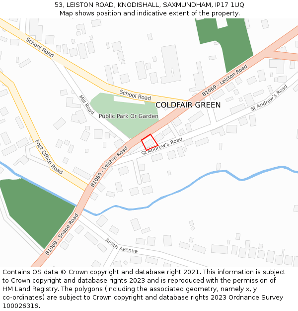 53, LEISTON ROAD, KNODISHALL, SAXMUNDHAM, IP17 1UQ: Location map and indicative extent of plot