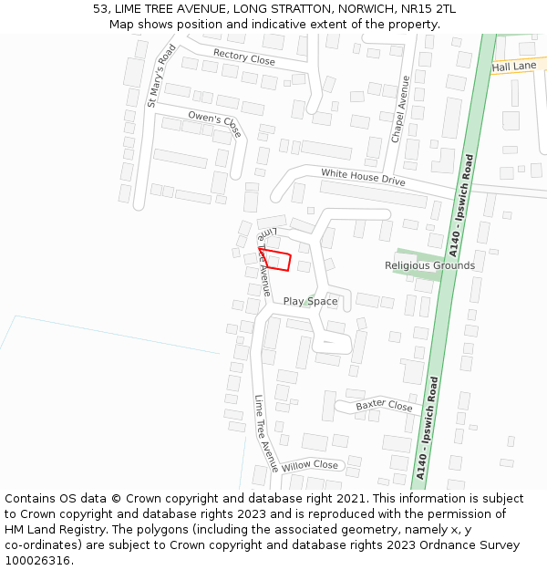 53, LIME TREE AVENUE, LONG STRATTON, NORWICH, NR15 2TL: Location map and indicative extent of plot