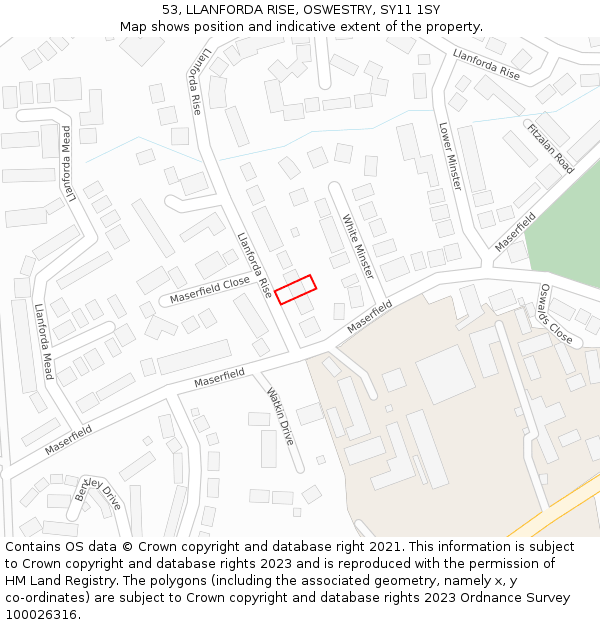 53, LLANFORDA RISE, OSWESTRY, SY11 1SY: Location map and indicative extent of plot