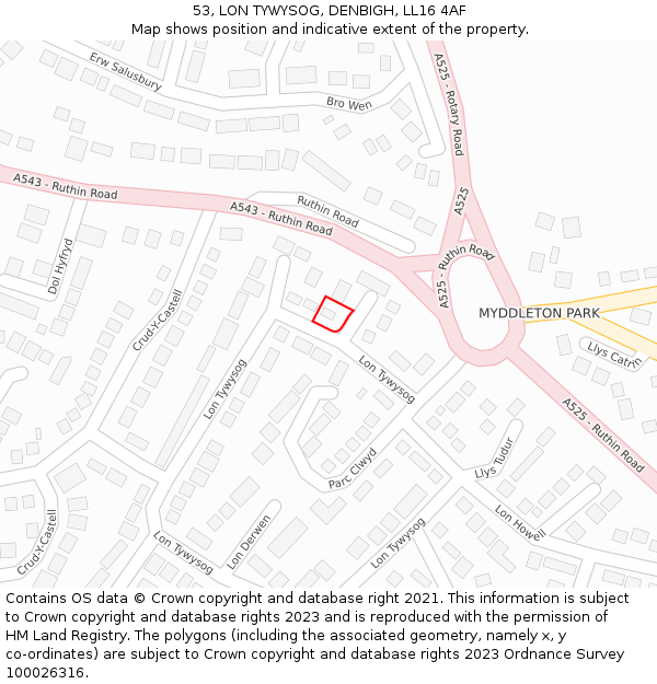 53, LON TYWYSOG, DENBIGH, LL16 4AF: Location map and indicative extent of plot