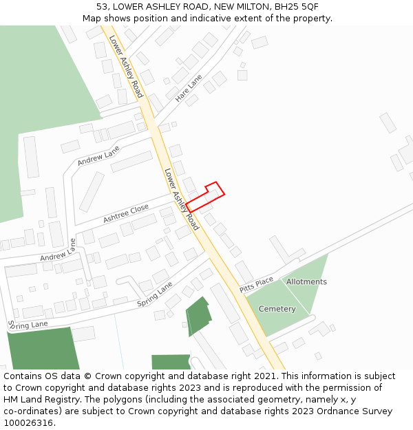 53, LOWER ASHLEY ROAD, NEW MILTON, BH25 5QF: Location map and indicative extent of plot