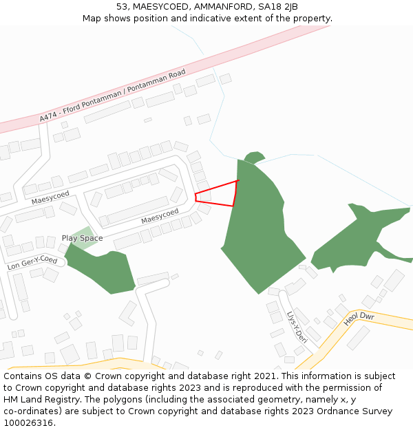 53, MAESYCOED, AMMANFORD, SA18 2JB: Location map and indicative extent of plot