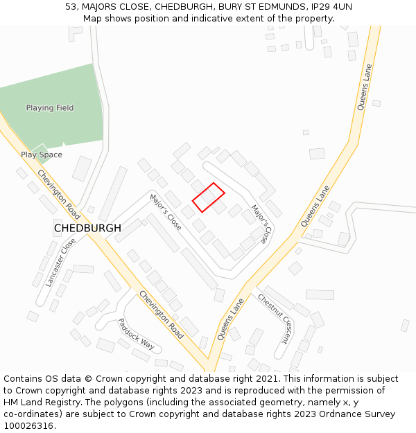 53, MAJORS CLOSE, CHEDBURGH, BURY ST EDMUNDS, IP29 4UN: Location map and indicative extent of plot