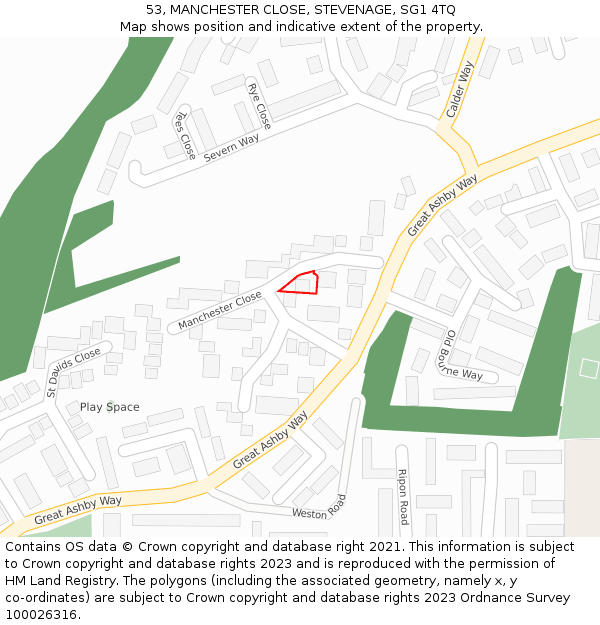 53, MANCHESTER CLOSE, STEVENAGE, SG1 4TQ: Location map and indicative extent of plot