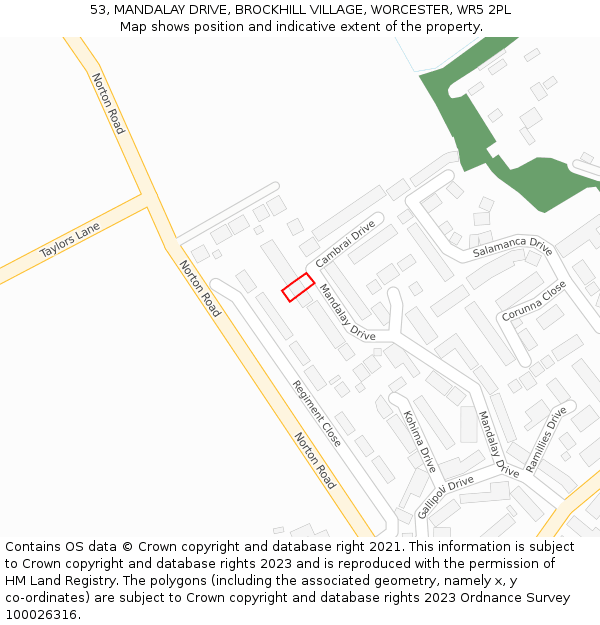 53, MANDALAY DRIVE, BROCKHILL VILLAGE, WORCESTER, WR5 2PL: Location map and indicative extent of plot
