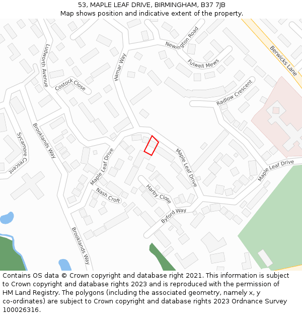 53, MAPLE LEAF DRIVE, BIRMINGHAM, B37 7JB: Location map and indicative extent of plot