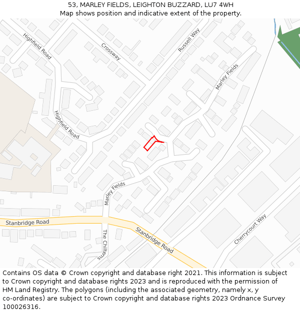 53, MARLEY FIELDS, LEIGHTON BUZZARD, LU7 4WH: Location map and indicative extent of plot