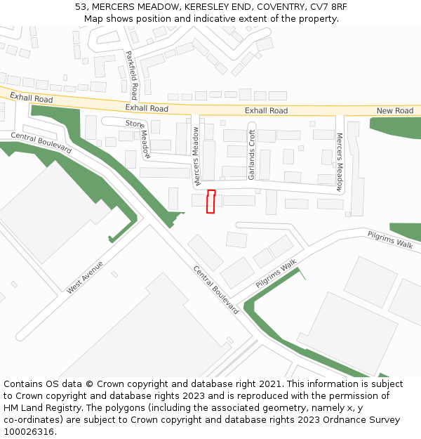 53, MERCERS MEADOW, KERESLEY END, COVENTRY, CV7 8RF: Location map and indicative extent of plot