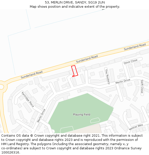 53, MERLIN DRIVE, SANDY, SG19 2UN: Location map and indicative extent of plot