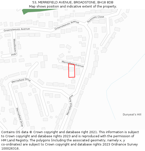 53, MERRIEFIELD AVENUE, BROADSTONE, BH18 8DB: Location map and indicative extent of plot
