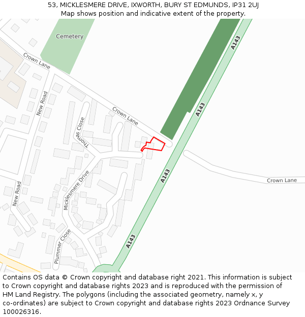 53, MICKLESMERE DRIVE, IXWORTH, BURY ST EDMUNDS, IP31 2UJ: Location map and indicative extent of plot