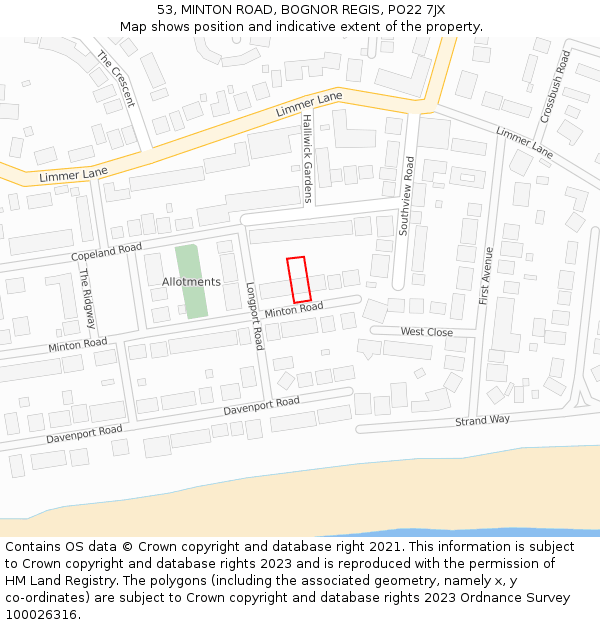 53, MINTON ROAD, BOGNOR REGIS, PO22 7JX: Location map and indicative extent of plot