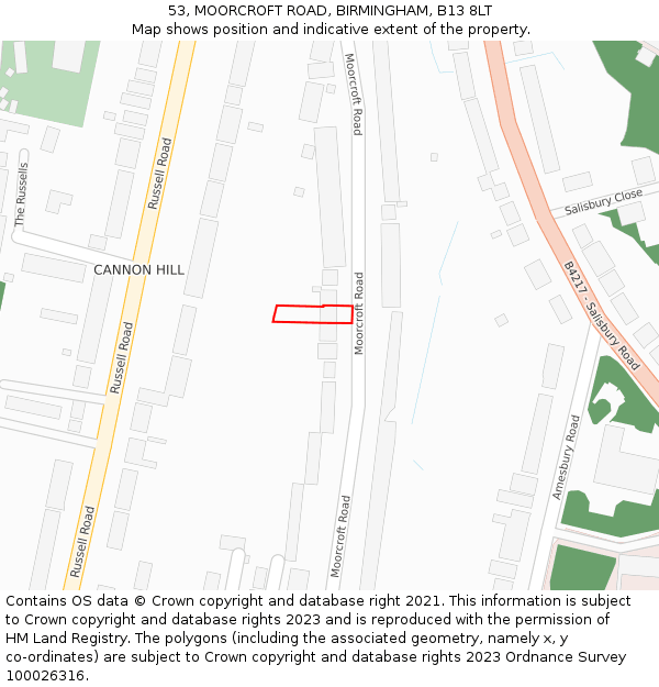 53, MOORCROFT ROAD, BIRMINGHAM, B13 8LT: Location map and indicative extent of plot