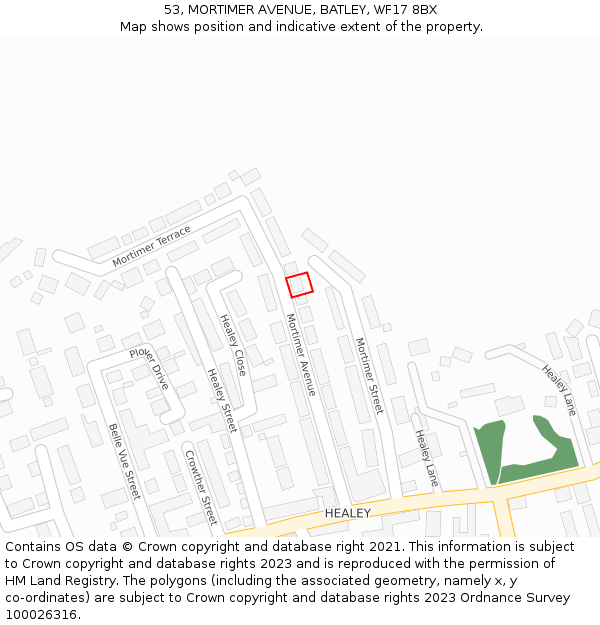 53, MORTIMER AVENUE, BATLEY, WF17 8BX: Location map and indicative extent of plot