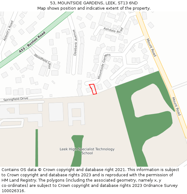 53, MOUNTSIDE GARDENS, LEEK, ST13 6ND: Location map and indicative extent of plot