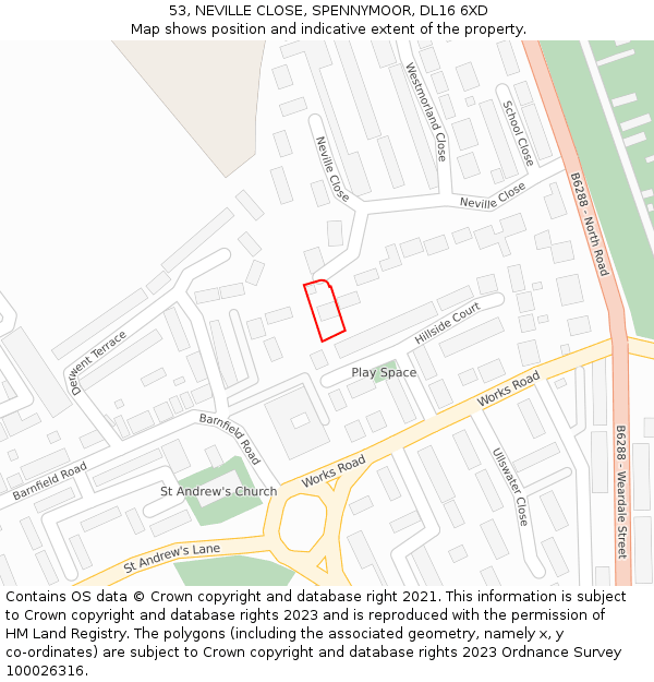 53, NEVILLE CLOSE, SPENNYMOOR, DL16 6XD: Location map and indicative extent of plot