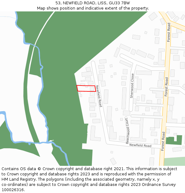 53, NEWFIELD ROAD, LISS, GU33 7BW: Location map and indicative extent of plot