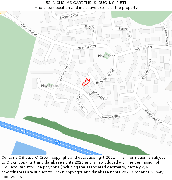 53, NICHOLAS GARDENS, SLOUGH, SL1 5TT: Location map and indicative extent of plot
