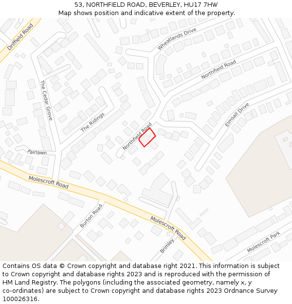 53, NORTHFIELD ROAD, BEVERLEY, HU17 7HW: Location map and indicative extent of plot