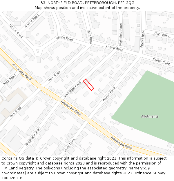 53, NORTHFIELD ROAD, PETERBOROUGH, PE1 3QG: Location map and indicative extent of plot