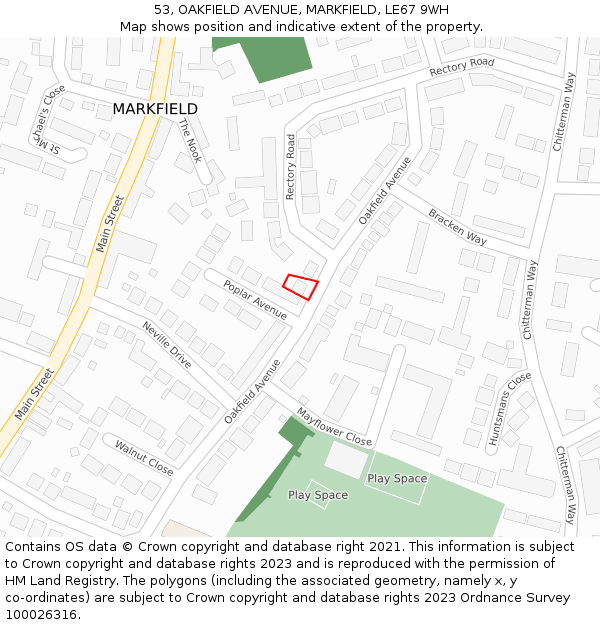 53, OAKFIELD AVENUE, MARKFIELD, LE67 9WH: Location map and indicative extent of plot