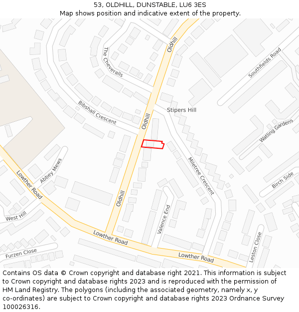 53, OLDHILL, DUNSTABLE, LU6 3ES: Location map and indicative extent of plot