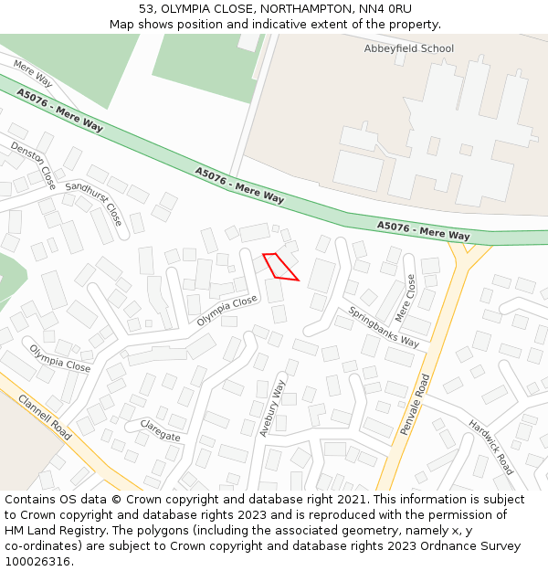 53, OLYMPIA CLOSE, NORTHAMPTON, NN4 0RU: Location map and indicative extent of plot
