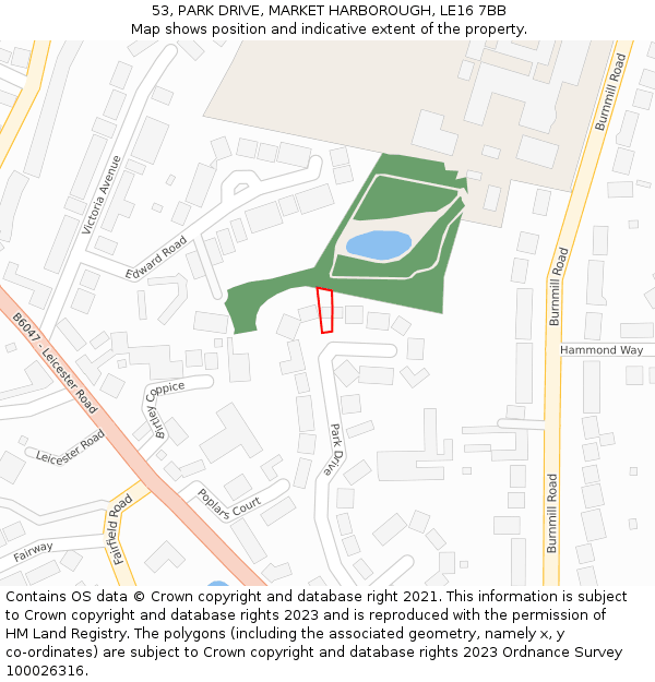 53, PARK DRIVE, MARKET HARBOROUGH, LE16 7BB: Location map and indicative extent of plot