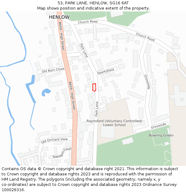 53, PARK LANE, HENLOW, SG16 6AT: Location map and indicative extent of plot