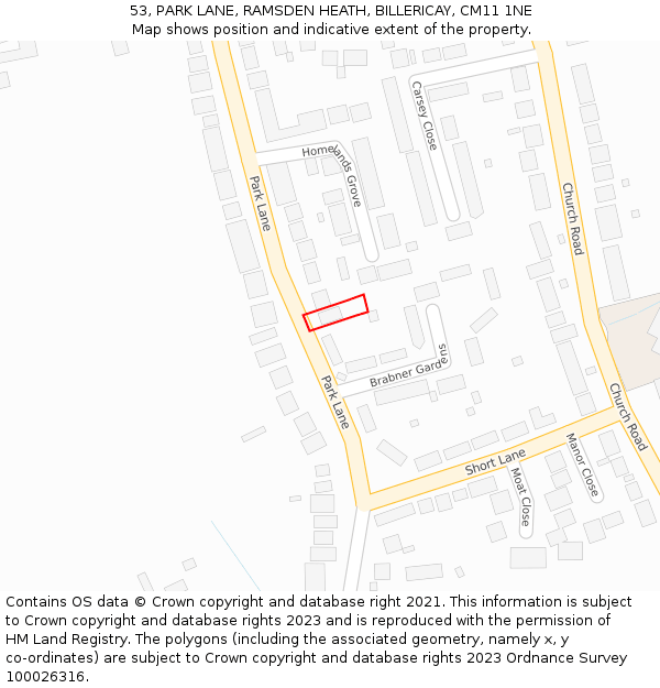 53, PARK LANE, RAMSDEN HEATH, BILLERICAY, CM11 1NE: Location map and indicative extent of plot