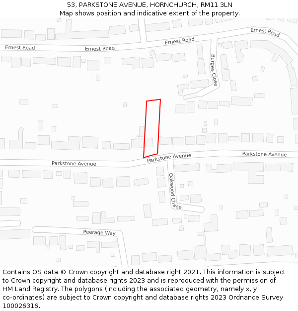 53, PARKSTONE AVENUE, HORNCHURCH, RM11 3LN: Location map and indicative extent of plot