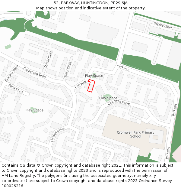 53, PARKWAY, HUNTINGDON, PE29 6JA: Location map and indicative extent of plot