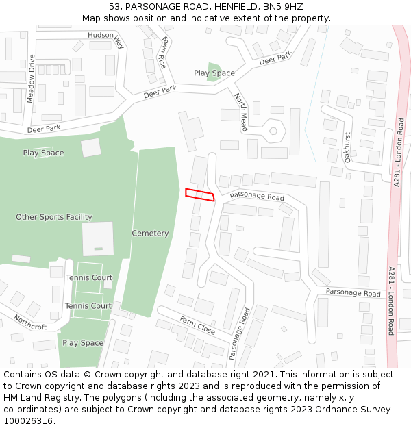 53, PARSONAGE ROAD, HENFIELD, BN5 9HZ: Location map and indicative extent of plot