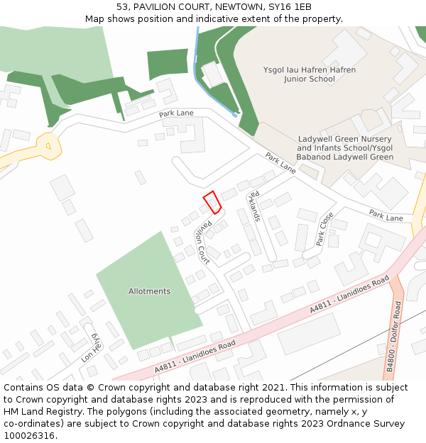 53, PAVILION COURT, NEWTOWN, SY16 1EB: Location map and indicative extent of plot