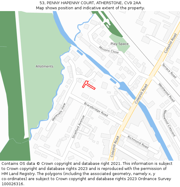 53, PENNY HAPENNY COURT, ATHERSTONE, CV9 2AA: Location map and indicative extent of plot