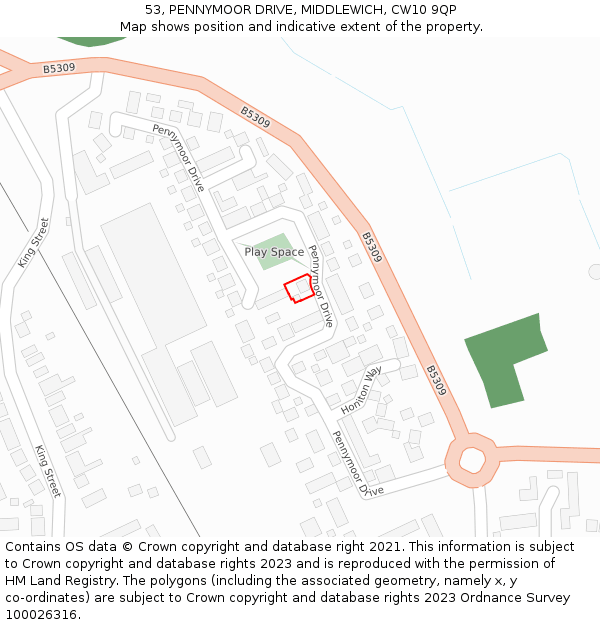 53, PENNYMOOR DRIVE, MIDDLEWICH, CW10 9QP: Location map and indicative extent of plot